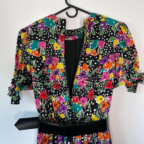 Oscar de la Renta Size 12 Silk Floral Pleated Midi Dress Belt Polka Dot Vintage - Picture 7 of 12